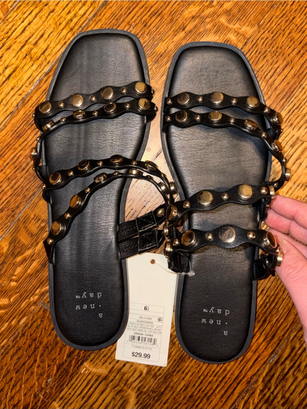 a new day Black Studded Triple-Strap Flat Sandals size 6